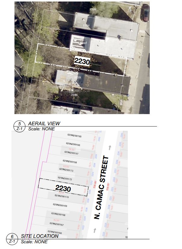 2230 North Camac Street. Site map and aerial view prior to redevelopment. Credit: Jos. Serratore & Company-Architects via the City of Philadelphia