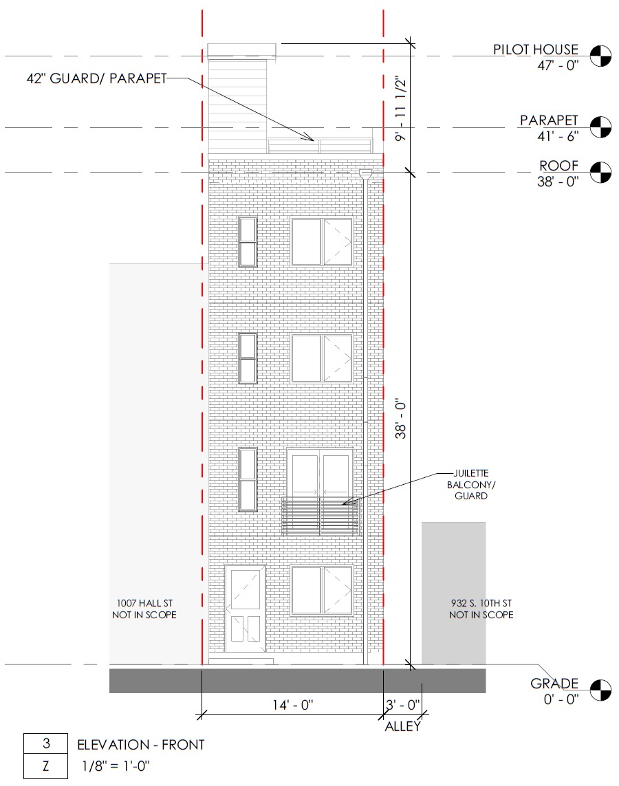 1005 Hall Street, Philadelphia. Proposed front building elevation. Credit: Architect Parallel Architecture Studio via a zoning permit submitted to the City of Philadelphia.