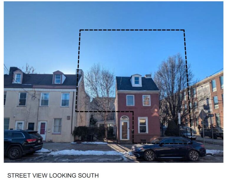 1034 Shackamaxon Street. Site conditions prior to redevelopment, with the prewar townhouse slated for demolition shown within the project boundaries. Credit: CANNOdesign via the Planning Department of the City of Philadelphia
