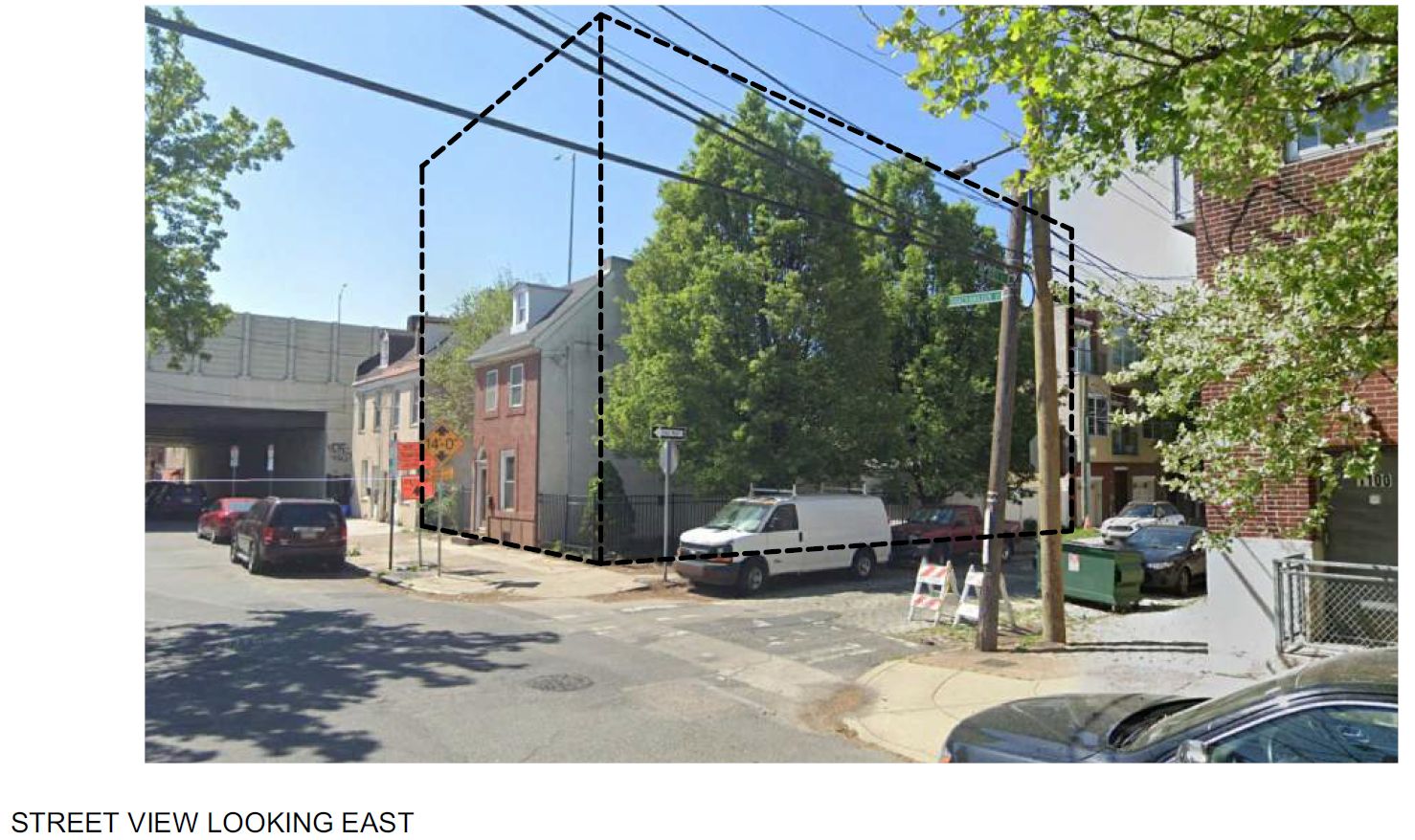 1034 Shackamaxon Street. Site conditions prior to redevelopment, with the prewar townhouse slated for demolition shown within the project boundaries. Credit: CANNOdesign via the Planning Department of the City of Philadelphia