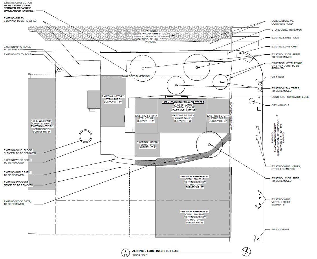 1034 Shackamaxon Street. Site plan prior to redevelopment, with the prewar townhouse slated for demolition shown within the project boundaries. Credit: CANNOdesign via the Planning Department of the City of Philadelphia