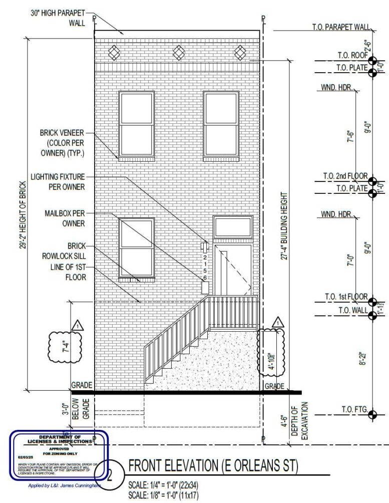 2156 East Orleans Street, Philadelphia. Proposed front building elevation. Credit: Marshall Sabatini Architecture via a zoning permit submitted to the City of Philadelphia.