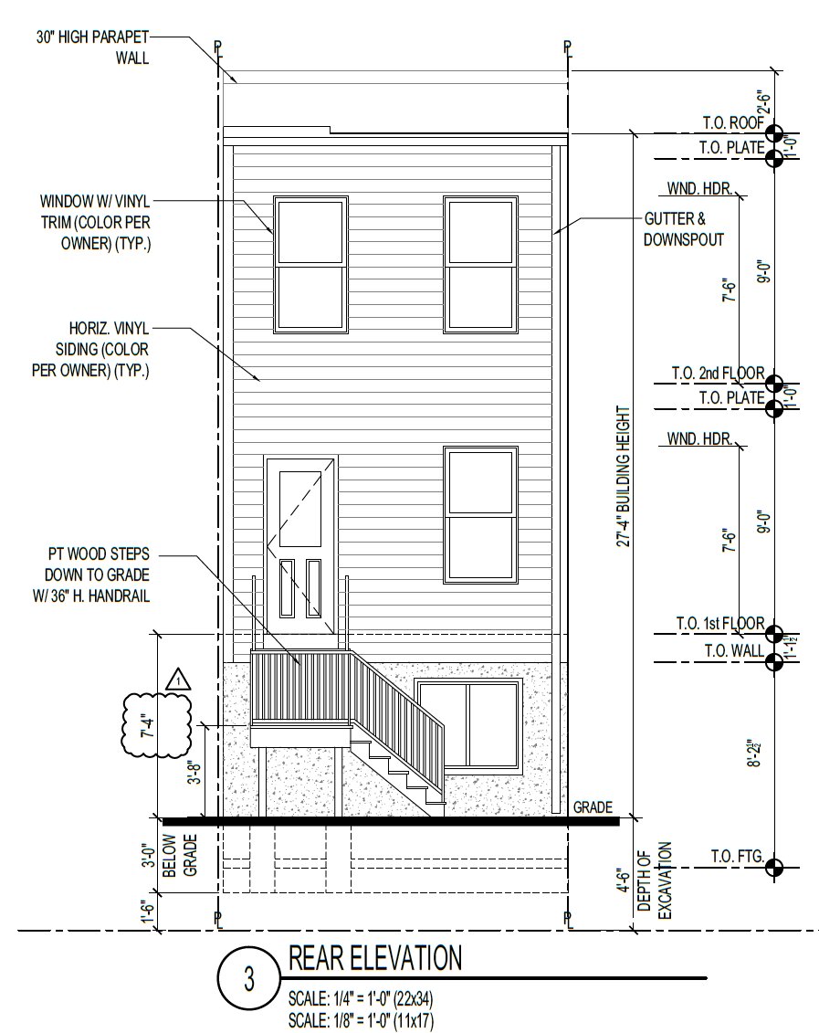 2156 East Orleans Street, Philadelphia. Proposed rear building elevation. Credit: Marshall Sabatini Architecture via a zoning permit submitted to the City of Philadelphia.