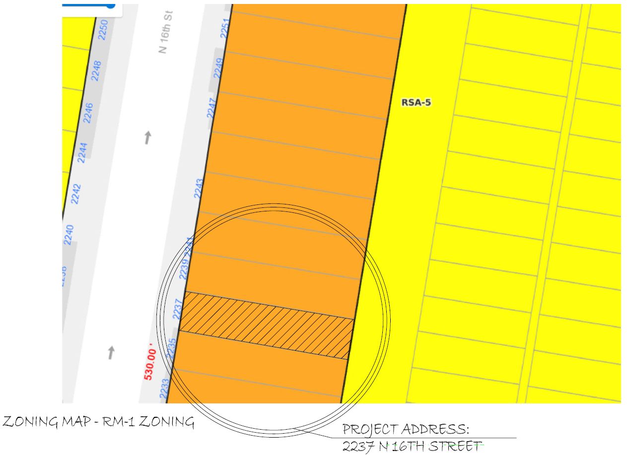 2237 North 16th Street, Philadelphia. Project zoning map. Credit: KCA Design Associates via a zoning permit submitted to the City of Philadelphia.