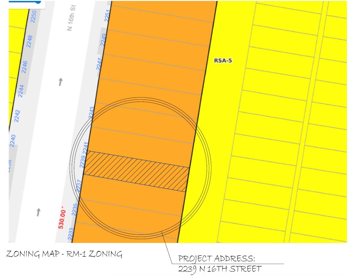 2239 North 16th Street, Philadelphia. Project zoning map. Credit: KCA Design Associates via a zoning permit submitted to the City of Philadelphia.