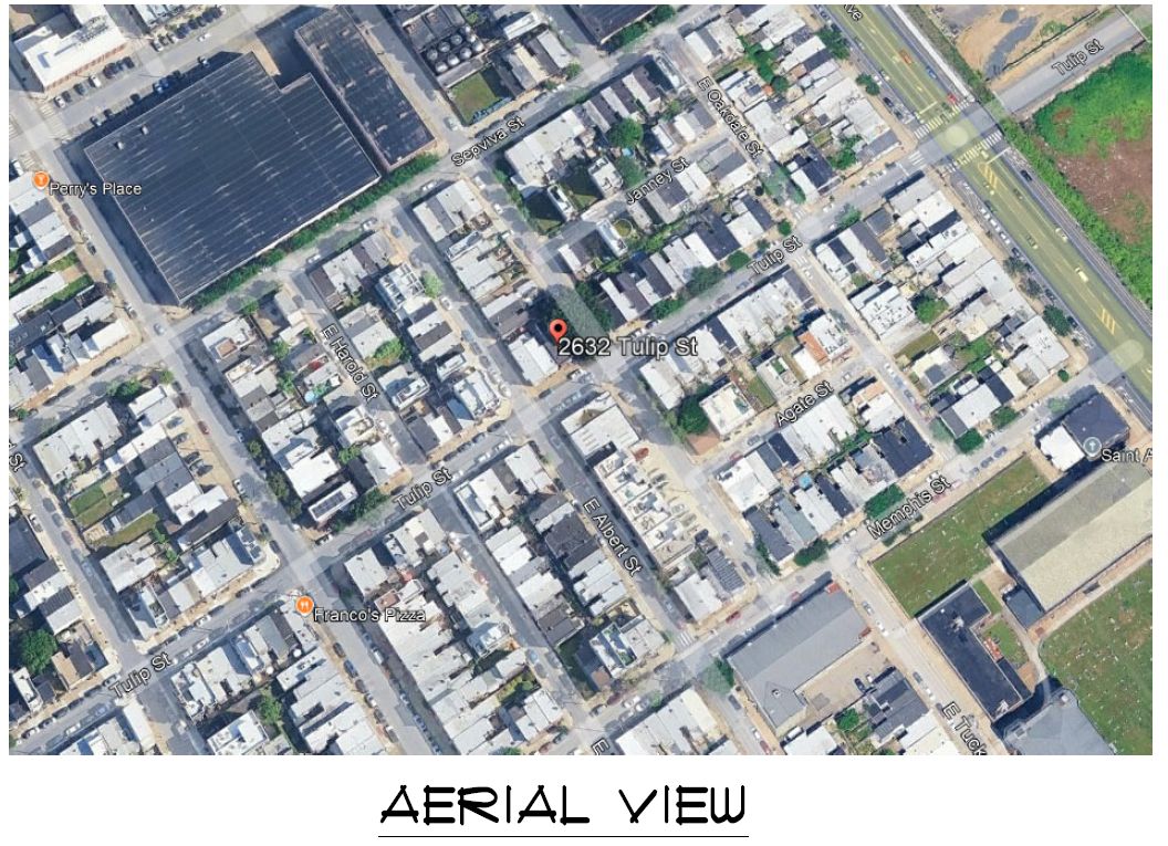 2632 Tulip Street, Philadelphia. Aerial view prior to redevelopment. Credit: Here's The Plan, LLC via a zoning permit submitted to the City of Philadelphia.