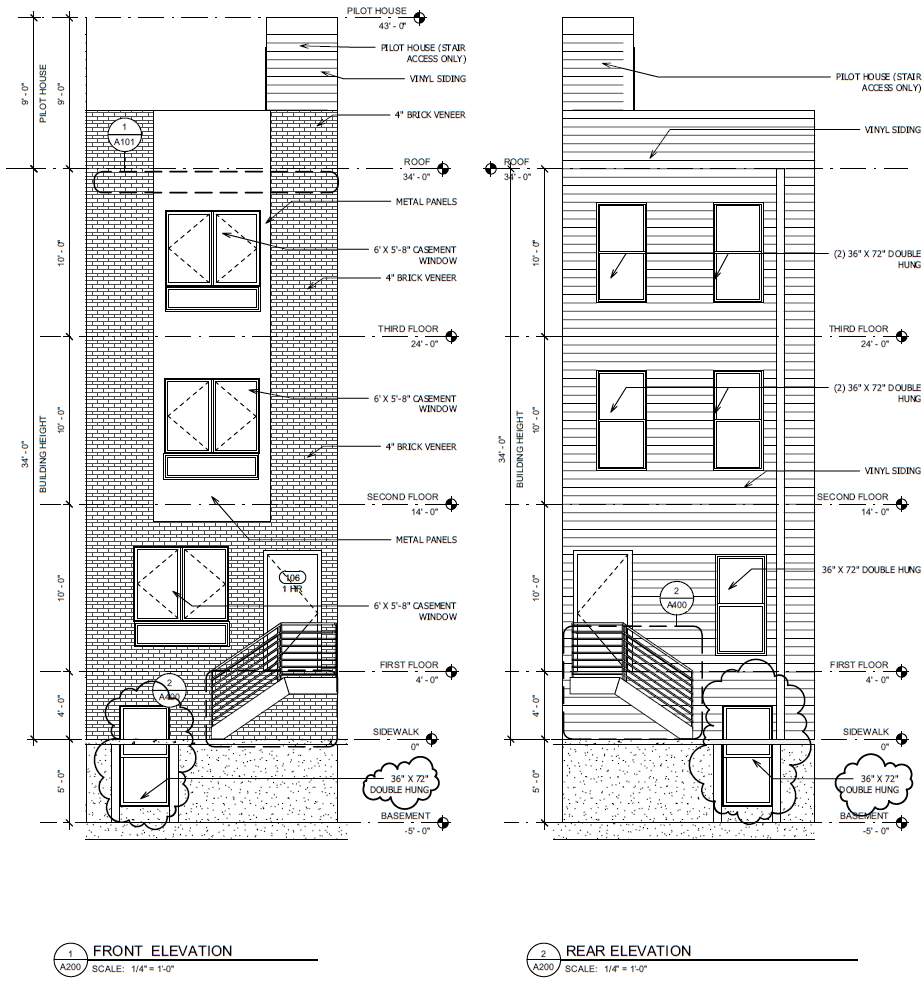 1010 West Colona Street, Philadelphia. Proposed front and rear building elevations. Credit: Plato Studio via a zoning permit submitted to the City of Philadelphia.