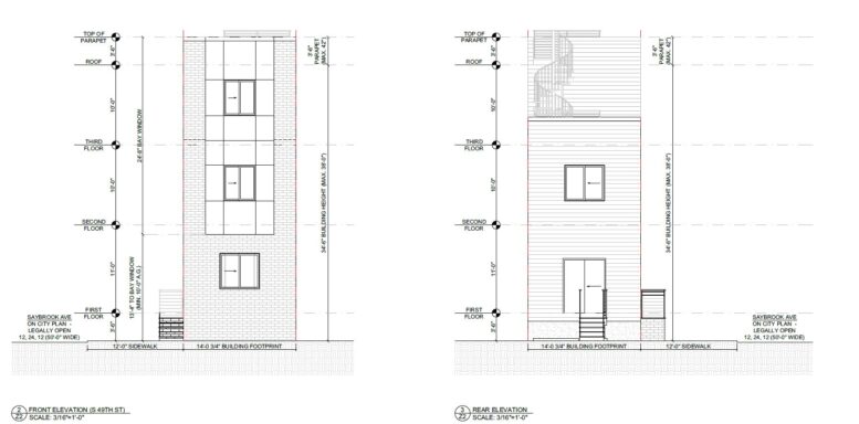 1419 South 49th Street, Philadelphia. Proposed front and rear building elevations. Credit: JT Ran Expediting via a zoning permit submitted to the City of Philadelphia.