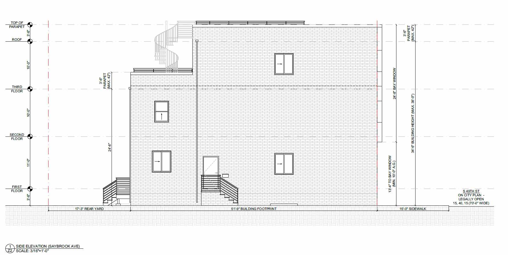 1419 South 49th Street, Philadelphia. Proposed side building elevation. Credit: JT Ran Expediting via a zoning permit submitted to the City of Philadelphia.