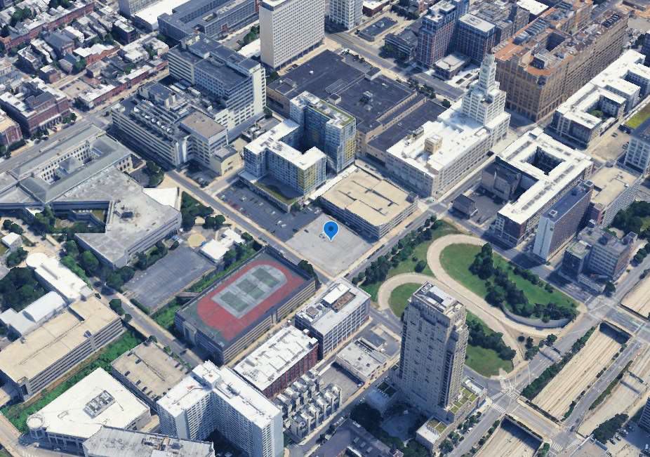 1527 Callowhill Street. Building location aerial. Credit: Designblendz Architecture via the Civic Design Review by the Philadelphia City Planning Commission and the Department of Planning and Development.