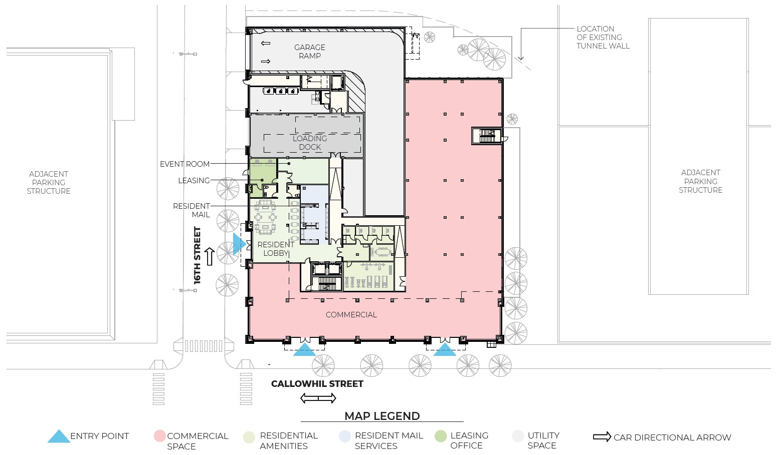 1527 Callowhill Street. Ground floor plan. Credit: Designblendz Architecture via the Civic Design Review by the Philadelphia City Planning Commission and the Department of Planning and Development.