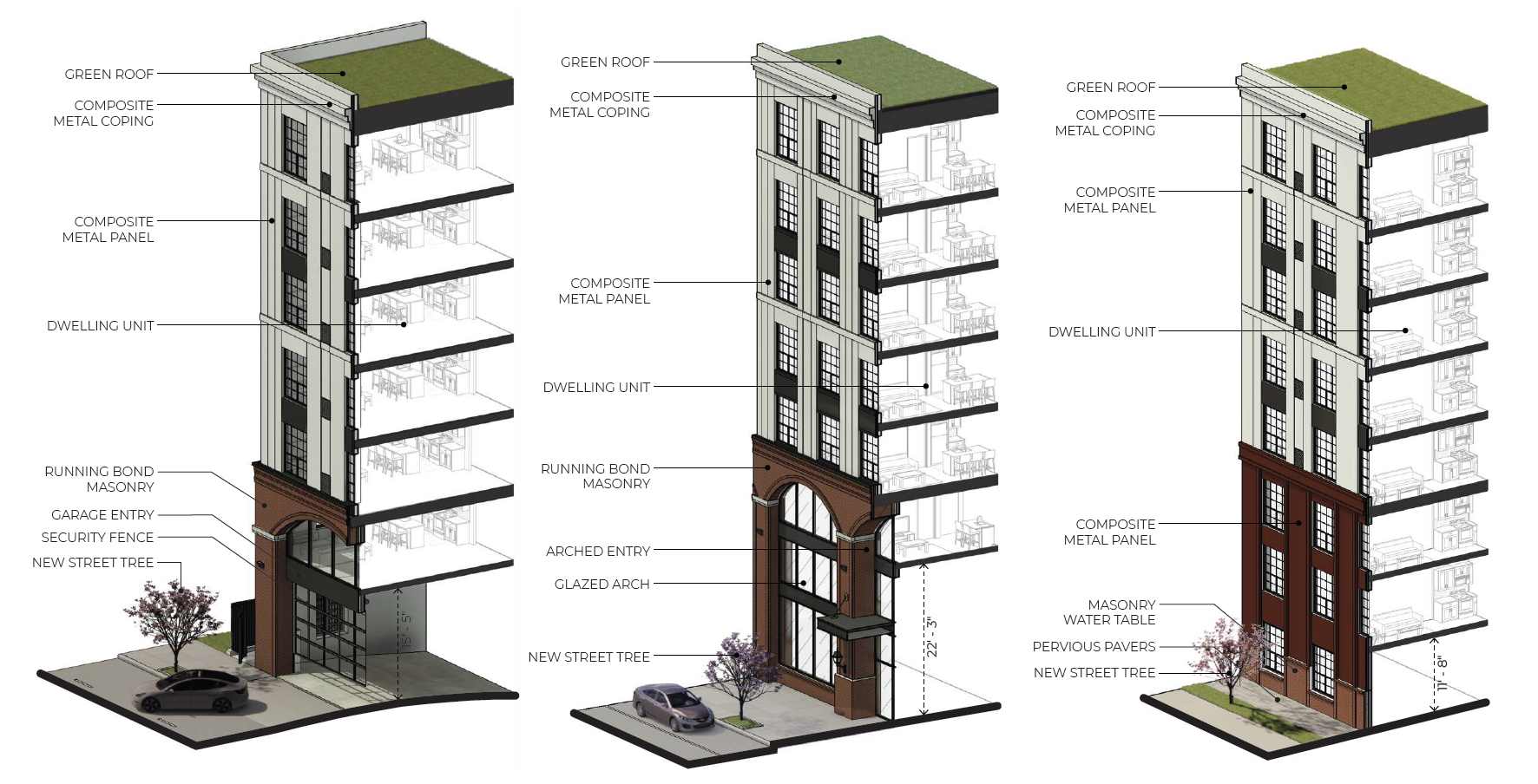 1527 Callowhill Street. Building axonometric section detail. Credit: Designblendz Architecture via the Civic Design Review by the Philadelphia City Planning Commission and the Department of Planning and Development.