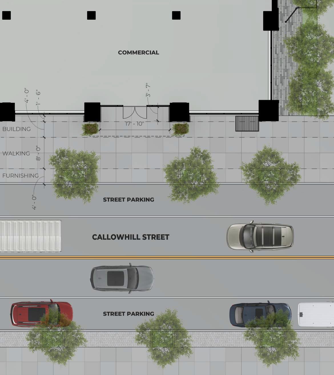 1527 Callowhill Street. Site plan detail - commercial access. Credit: Designblendz Architecture via the Civic Design Review by the Philadelphia City Planning Commission and the Department of Planning and Development.