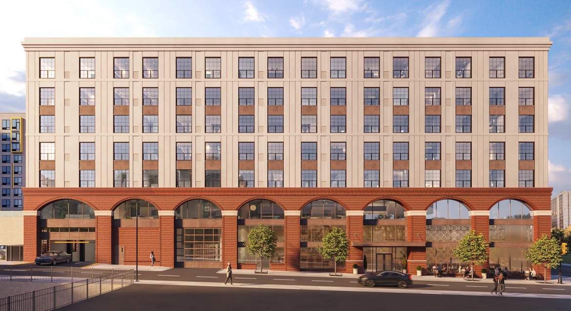 1527 Callowhill Street. Building elevation rendering - residential and vehicular entry side. Credit: Designblendz Architecture via the Civic Design Review by the Philadelphia City Planning Commission and the Department of Planning and Development.