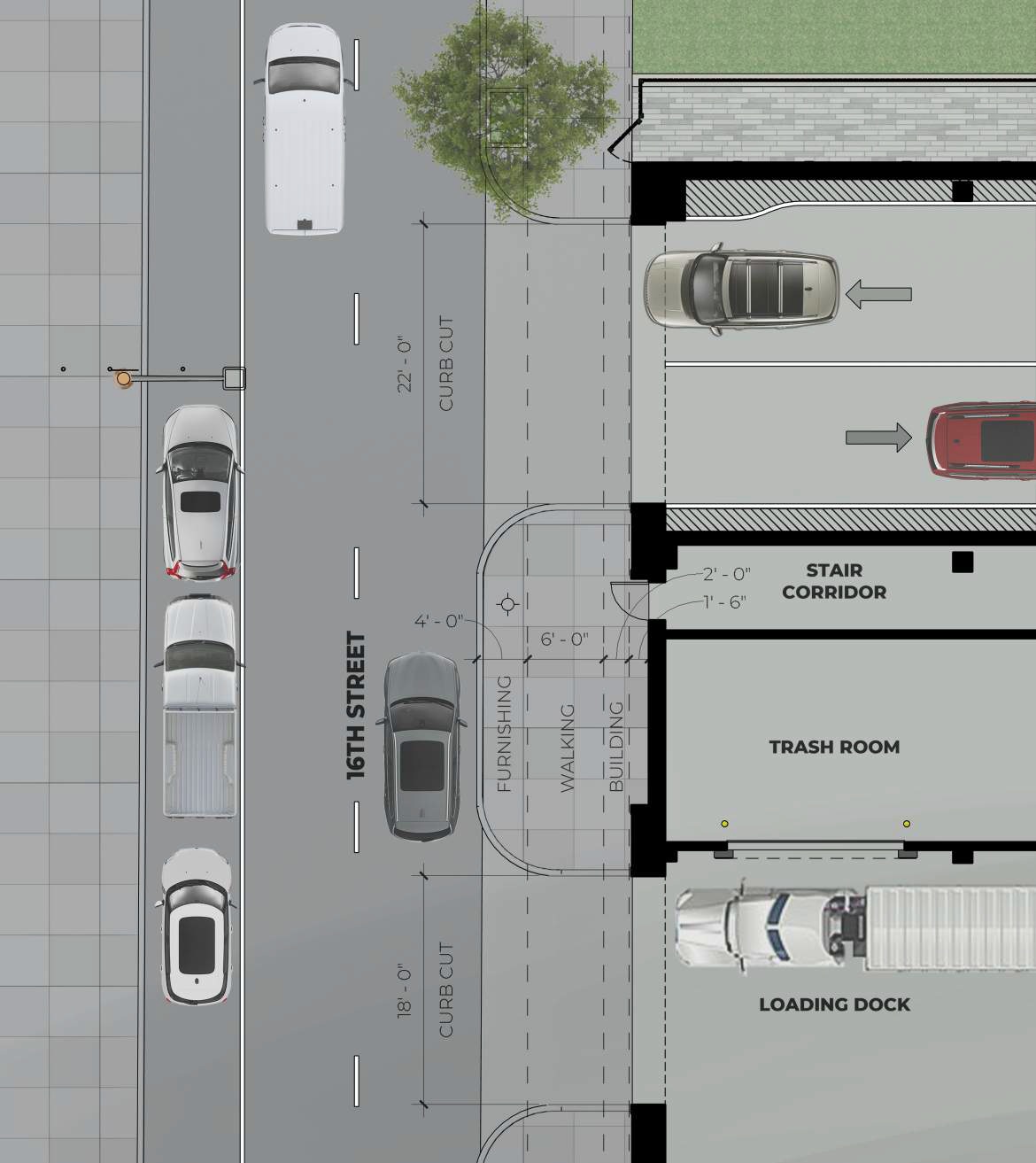 1527 Callowhill Street. Site plan detail - vehicular access. Credit: Designblendz Architecture via the Civic Design Review by the Philadelphia City Planning Commission and the Department of Planning and Development.