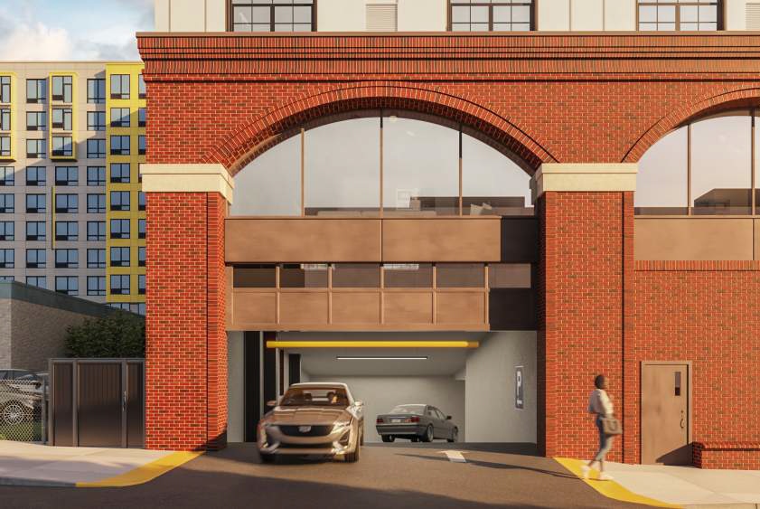 1527 Callowhill Street. Building elevation rendering - vehicular entry. Credit: Designblendz Architecture via the Civic Design Review by the Philadelphia City Planning Commission and the Department of Planning and Development.