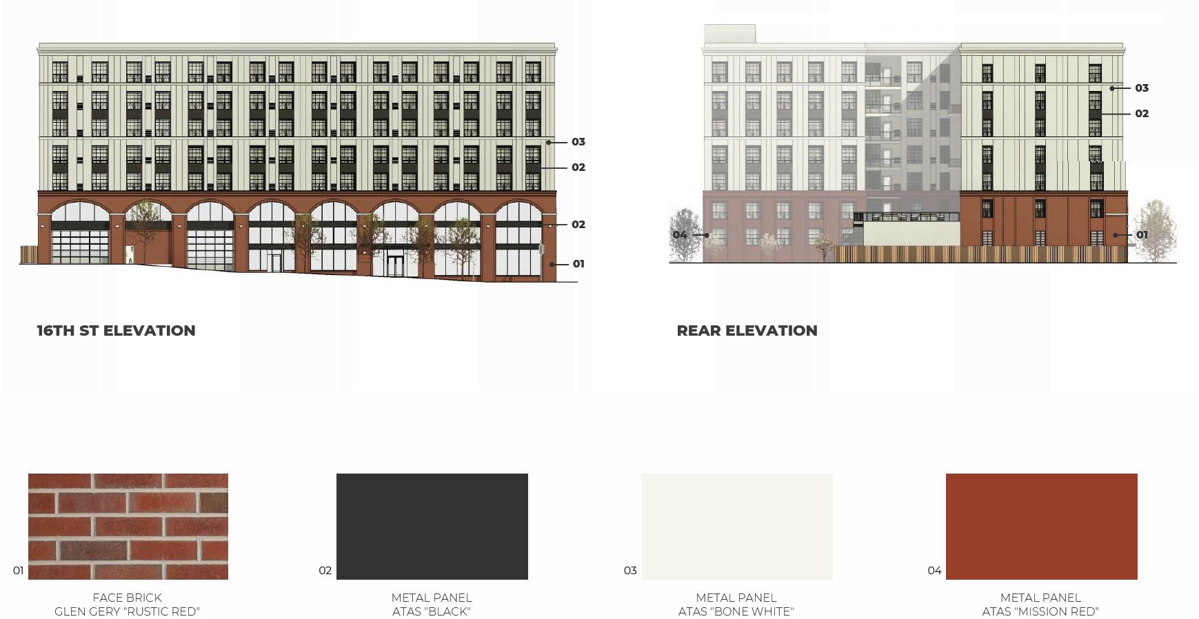1527 Callowhill Street. Building elevations and material schedule. Credit: Designblendz Architecture via the Civic Design Review by the Philadelphia City Planning Commission and the Department of Planning and Development.