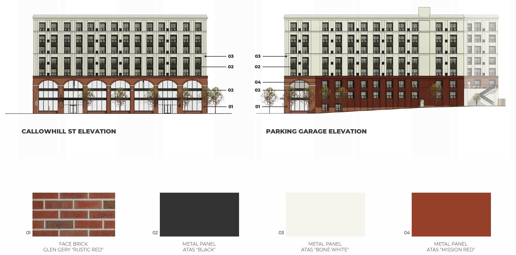 1527 Callowhill Street. Building elevations and material schedule. Credit: Designblendz Architecture via the Civic Design Review by the Philadelphia City Planning Commission and the Department of Planning and Development.