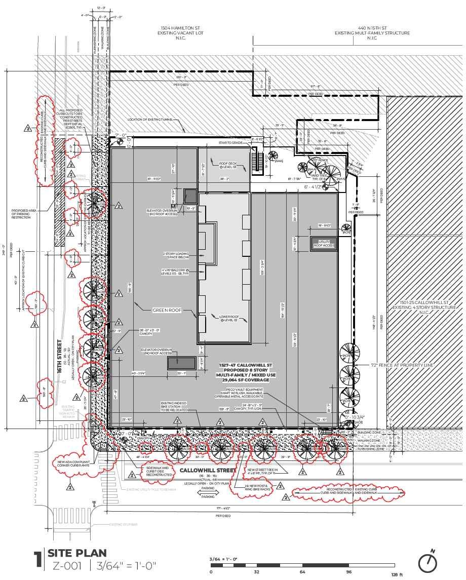 1527 Callowhill Street. Site plan. Credit: Designblendz Architecture via the Civic Design Review by the Philadelphia City Planning Commission and the Department of Planning and Development.