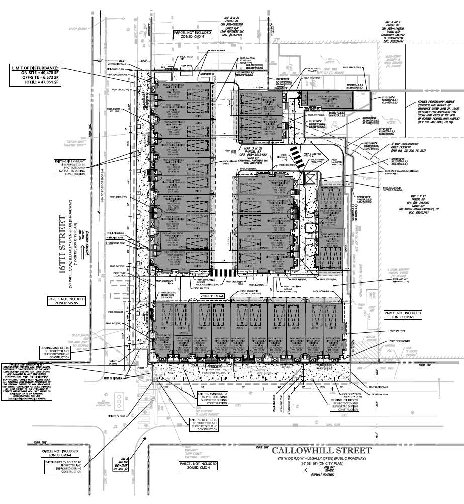 1527 Callowhill Street, Philadelphia. Original townhouse proposal site plan. Credit: Colliers Engineering Design via a zoning permit submitted to the City of Philadelphia.