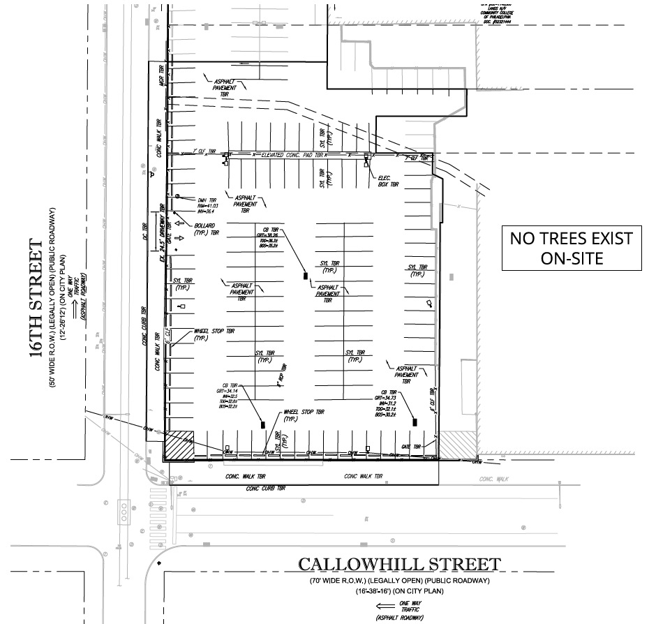 1527 Callowhill Street, Philadelphia. Original townhouse proposal tree removal plan. Credit: Colliers Engineering Design via a zoning permit submitted to the City of Philadelphia.