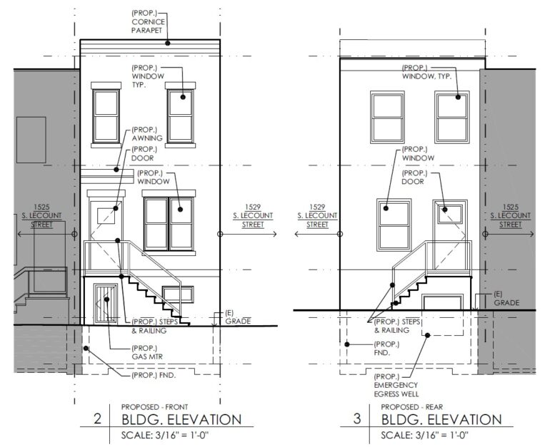 1527 South Lecount Street, Philadelphia. Proposed front and rear building elevations. Credit: IS-DG Architecture via a zoning permit submitted to the City of Philadelphia.
