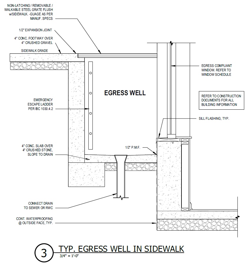 2127 Kimball Street, Philadelphia. Proposed egress well section detail. Credit: Gnome Architects via a zoning permit submitted to the City of Philadelphia.